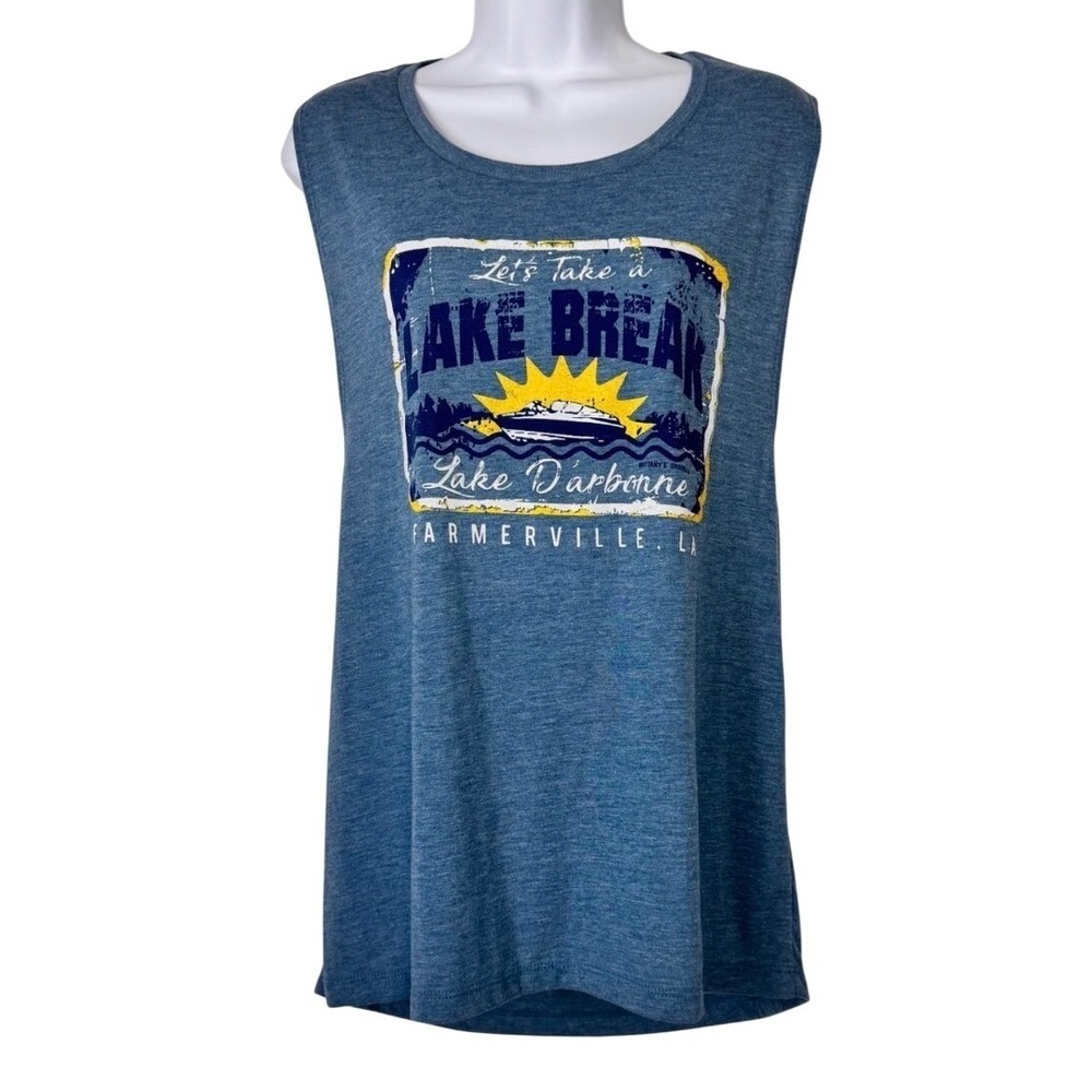 Bella + Canvas‎ Graphic Muscle Tank Top Women XL Blue Heather Low-Cut Armholes